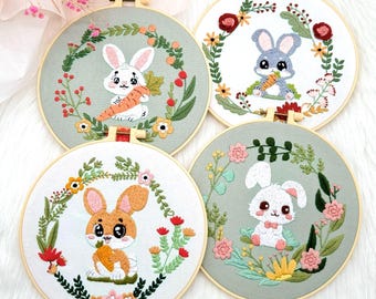 Easter Bunny Embroidery Kit for Beginners – DIY Floral Rabbit Hand Embroidery Pattern