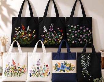 Floral Embroidery Tote Bag Kit, Wildflower Canvas Bag DIY for Beginners