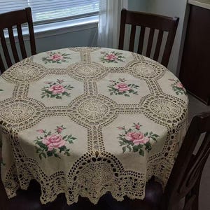 Vintage Rose Cross Stitch Tablecloth: Crochet Lace Trim, Shabby Chic Table Linen, Classic Vintage Elegant Timeless Dining Room Decor