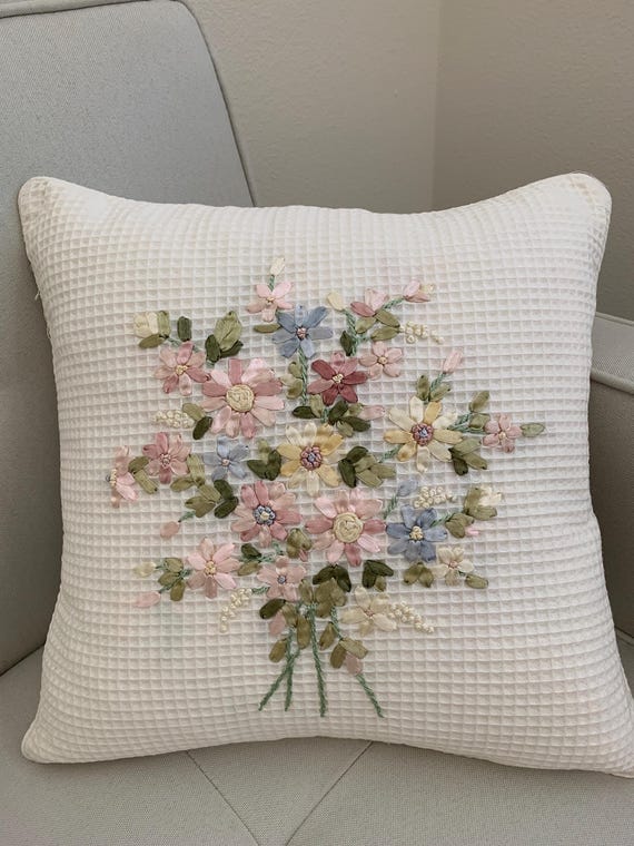 Handmade Embroidered Floral Throw Pillow Cover: Honeycomb Cotton & Linen, Cozy Cottage Core, Shabby Chic