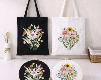 Floral Embroidery Tote Bag Kit, DIY Canvas Bag, Botanical Flower Craft, Cottagecore Gift