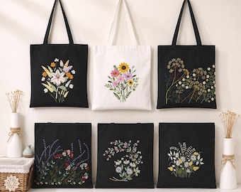 Floral Embroidery Tote Bag Kit, DIY Canvas Bag, Botanical Flower Craft, Cottagecore Gift