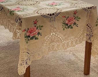 Vintage Rose Cross Stitch Tablecloth with Hand Crochet Lace Trim, Shabby Chic Table Linen