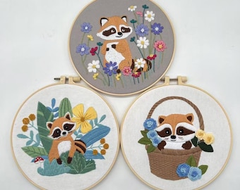 DIY Raccoon Embroidery Kit for Beginners – Complete Handwork Starter Kit – Animal Wall Art