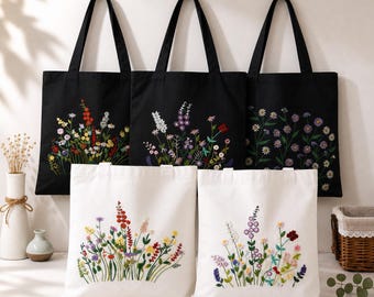 Floral Embroidery Tote Bag Kit, Wildflower Canvas Bag DIY for Beginners