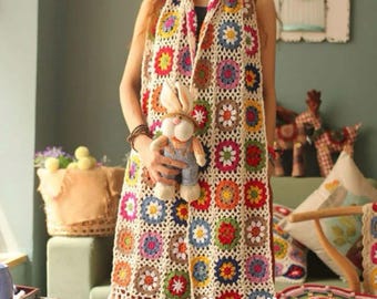Handmade Crochet Granny Square Scarf, Colorful Boho Long Shawl Wrap, Beach Vacation Photo Prop