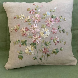 Floral Ribbon Embroidered Linen Bouquet Pillow: Handmade Rustic Cottage Decor, Cozy Cottage Core, Vintage Embroidery Flower, Shabby Chic