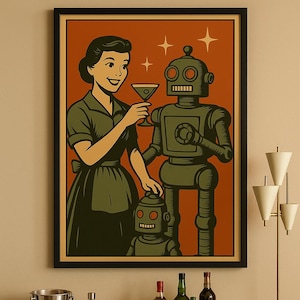 May include: A framed retro-style print featuring a woman and two robots. The woman, in a green dress, holds a cocktail. The robots are olive green. The background is orange with starbursts. A bar cart with bottles and a lamp are in the foreground.