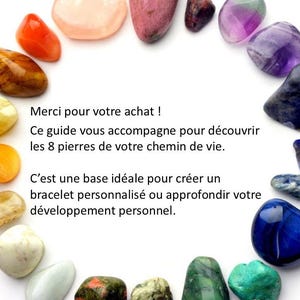 May include: A selection of polished gemstones in various colours, including orange, yellow, pink, purple, and blue, arranged in a circular pattern. The image includes French text.