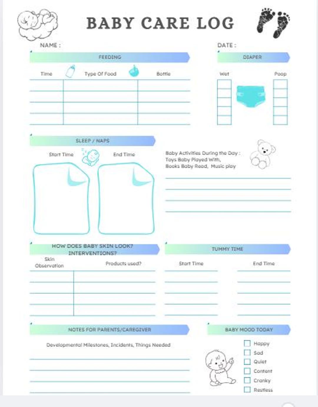 Baby Care Log Template Printable - Etsy