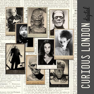 Retratos de monstruos de películas antiguas / efímeras de diario basura / descarga instantánea / Frankenstein / arte digital / Curious London