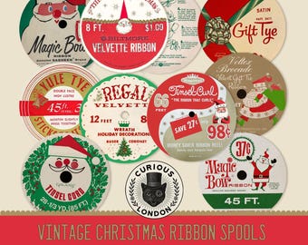 Adornos navideños vintage con cintas: Collage digital de cintas navideñas de los años 50 (Descarga digital)