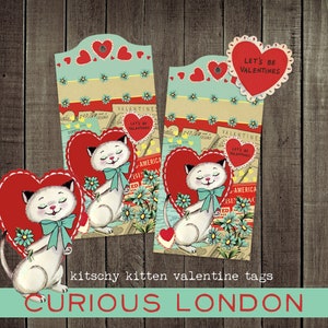 etiquetas de regalo de San Valentín / etiquetas de regalo / San Valentín retro / gatito kitsch / hacia y desde / día de San Valentín / etiquetas de regalo / curiosalondres