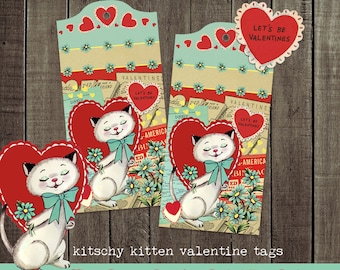 valentine gift tags  |  gift tags  |  retro valentine  |  kitschy kitten  |  to and from  |  valentines day  |  treat tags  |  curiouslondon