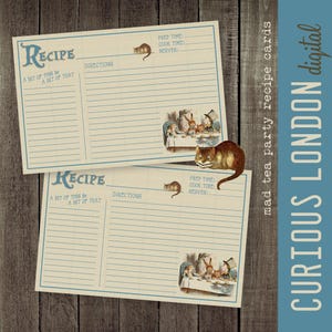 Alice in Wonderland Printable Recipe Cards: Vintage Mad Tea Party Digital 3x5 & 4x6 Note Cards