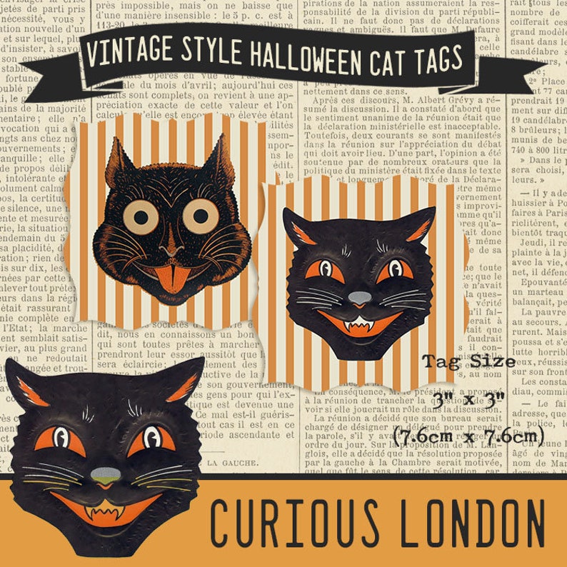 halloween party tags black cat gift tags digital halloween favors vintage halloween instant download curiouslondon image 1