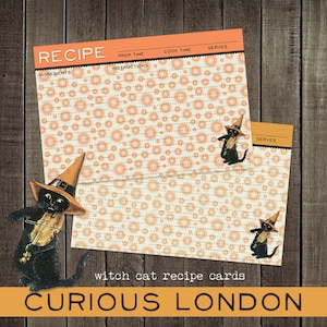 cartes de recettes d'halloween | cartes de recettes personnalisées | Halloween vintage | chat noir sorcier | Cadeaux ou bonbons | curieuxLondres