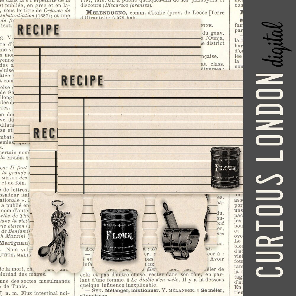 Printable Recipe Cards &amp; Tags Farmhouse Kitchen Junk Journal Ephemera Digital Cards Instant ...
