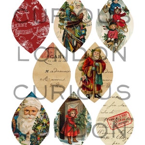 May include: Six vintage Christmas ornaments with a teardrop shape. The ornaments feature images of Santa Claus, children on a sled, a Christmas tree, and a letter with French text. The ornaments are printed on a beige background.
