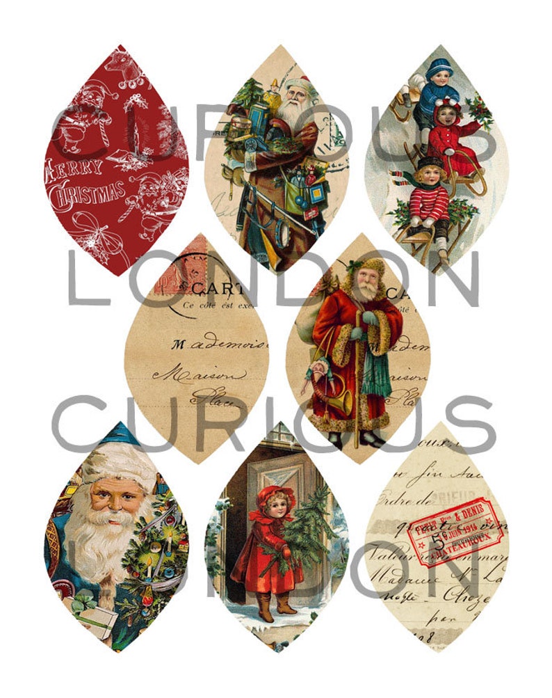 May include: Six vintage Christmas ornaments with a teardrop shape. The ornaments feature images of Santa Claus, children on a sled, a Christmas tree, and a letter with French text. The ornaments are printed on a beige background.
