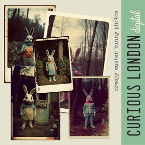 May include: A collage of five vintage-style photos featuring creepy Easter bunny figures in various poses. The photos are arranged in a haphazard manner, creating a sense of unease. The photos are all in a similar style, with a faded, vintage look.
