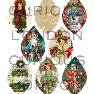 May include: Set of eight vintage Christmas ornaments featuring images of Santa Claus, children, and winter scenes. The ornaments are shaped like teardrops and have a paper-like texture.