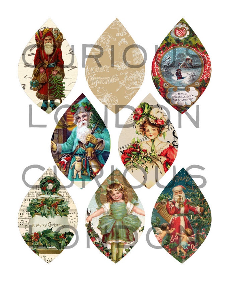 May include: Set of eight vintage Christmas ornaments featuring images of Santa Claus, children, and winter scenes. The ornaments are shaped like teardrops and have a paper-like texture.