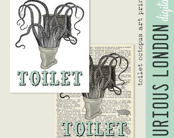 Toilette Oktopus Kunst Druck: Vintage Badezimmer Tentakel Kunst (Digitaler Download 8 x 10 in JPGs)