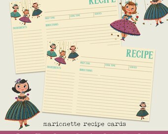 ballerina marionette recipe cards | retro midcentury kitchen | kitschy custom handmade | cute 3x5 4x6 junk journal cards | curiouslondon
