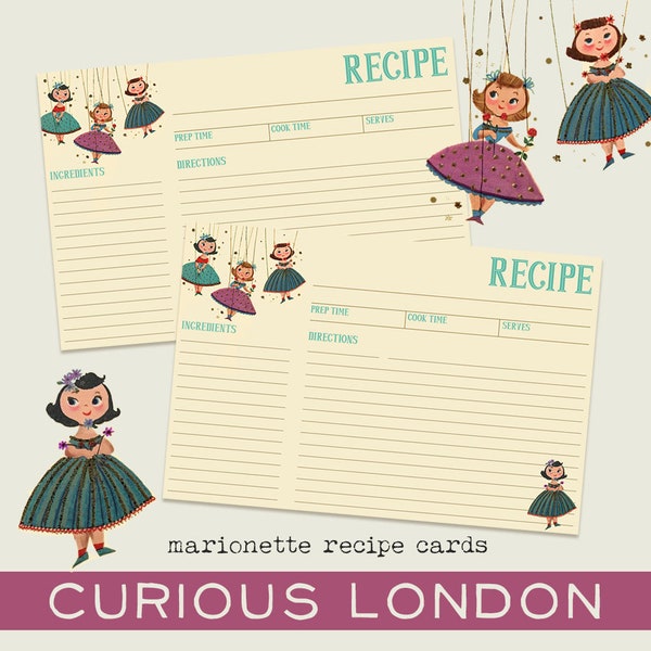 ballerina marionette recipe cards | retro midcentury kitchen | kitschy custom handmade | cute 3x5 4x6 junk journal cards | curiouslondon