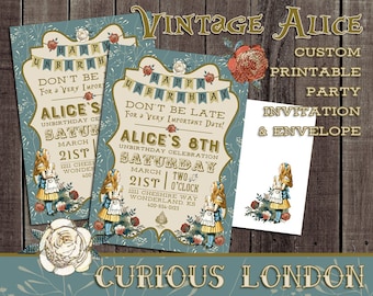 Vintage Alice in Wonderland Custom Printable Birthday Party Invitation & Envelope from Curious London