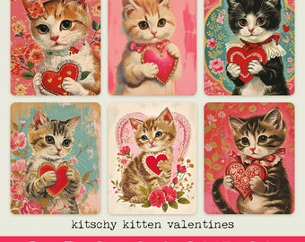 note di San Valentino con gattini l cartoline di San Valentino kitsch l etichette di San Valentino retrò l etichette regalo con gatti carini l carte di giornale l curiosalondra