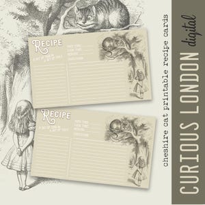 Vintage Alice in Wonderland Digital Recipe Cards: Cheshire Cat Printable 3x5 and 4x6 Recipe Cards