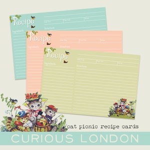 cartes de recettes faites main | cartes de recettes personnalisées | pique-nique chat | chatons kitsch | illustrations vintages | curieuxLondres