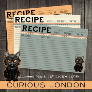 cartes de recettes d'halloween | cartes de recettes personnalisées | chat noir | Halloween vintage | des bonbons ou un sort | cuisine effrayante | curieuxLondres