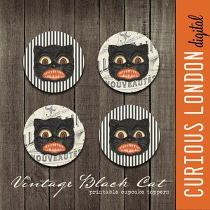 Vintage Halloween Black Cat Cupcake Toppers (Digital Download)