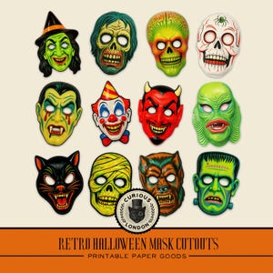 Máscaras de Halloween retro recortadas: Imprimibles de plástico estilo vintage (Descarga digital)