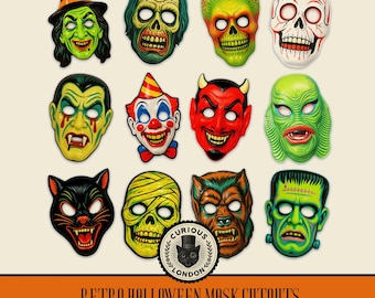 Retro Halloween Maske Ausschnitte: Vintage Plastic Style Printable (Digitaler Download)