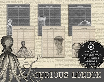 octopus library cards | deep sea creature | junk journal scrap | instant download | digital scrapbook ephemera | paper craft | curiouslondon