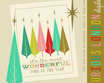 retro christmas printable wall art I most wonderful time of the year I digital download I  diy christmas decor I 1950s mcm I curiouslondon