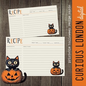 Vintage Halloween Recipe Cards: Black Cat & Pumpkin (Digital Download)