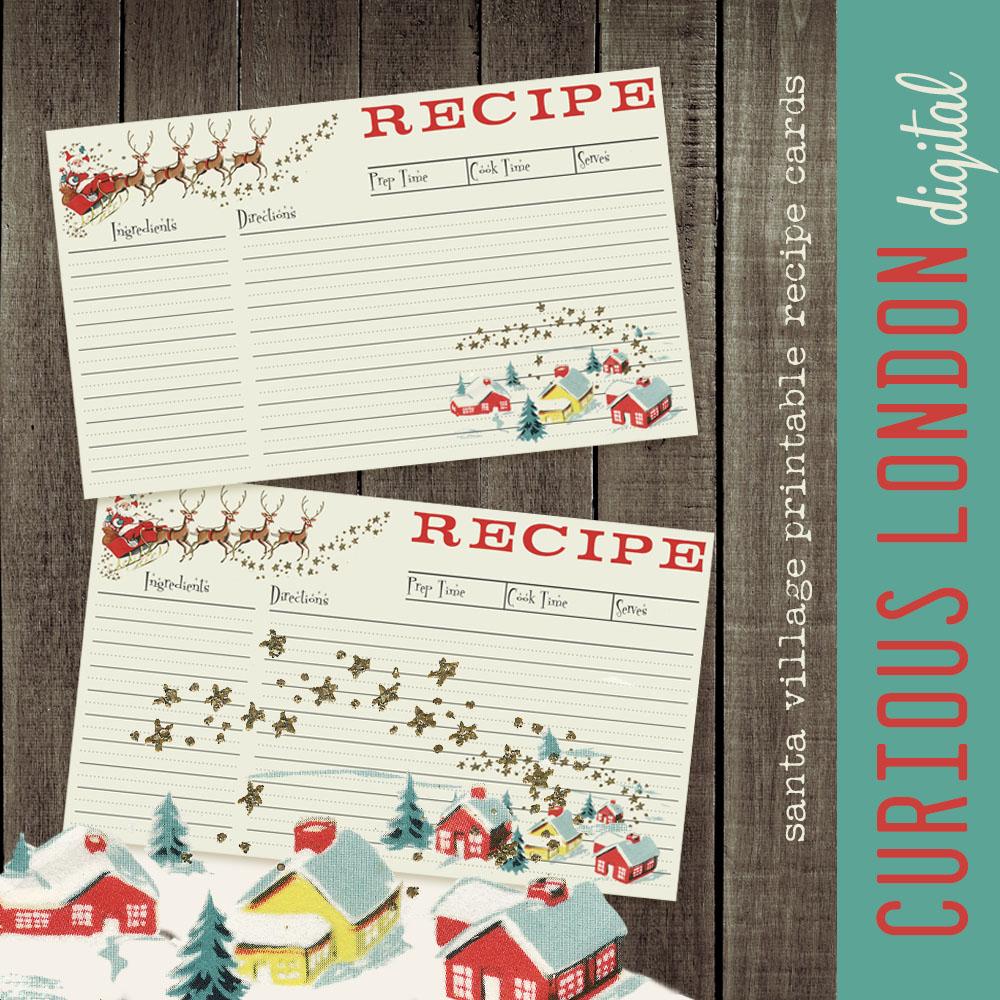santa village printable recipe cards l retro christmas cards l digital download l diy holiday crafts l 3x5 4x6 recipe cards l curiouslondon