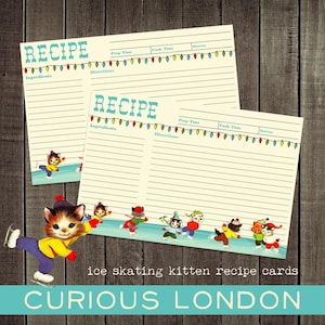 patinage sur glace cartes de recettes de chaton l cartes de chat de Noël vintage l notes de journal indésirables l jolies cartes de recettes l kitsch rétro l curieuse londres