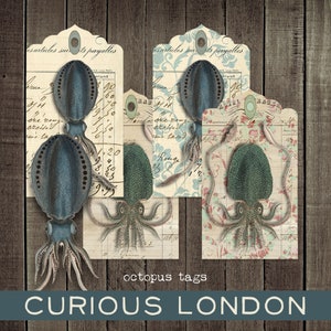 octopus cadeaukaartjes |  op maat gemaakte cadeaulabels |  van en naar |  nautische esthetiek |  zeedieren |  kortstondige junkjournal-tijdschriften |  Curiouslondon