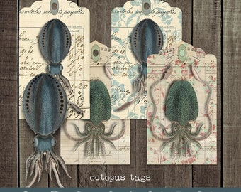 octopus gift tags  |  bespoke gift tags  |  to and from  |  nautical aesthetic  |  sea creatures  |  junk journal ephemera  |  curiouslondon