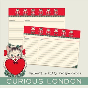 tarjetas de recetas de San Valentín / tarjetas de recetas lindas / San Valentín kitsch / gatitos de San Valentín / cocina retro de los años 50 / curiosalondres