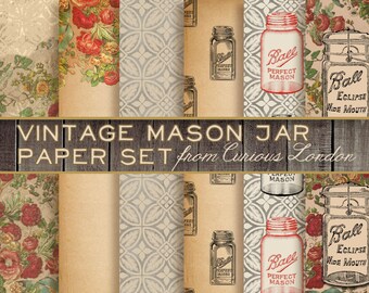 Printable Vintage Style Old Fashioned Mason Jar Instant Download Scrapbooking Paper Set from Curious London