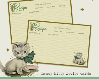 handmade recipe cards  I  kitschmas kitten I  retro christmas  I  kitten with bow  I  cute christmas recipe cards  I  curiouslondon