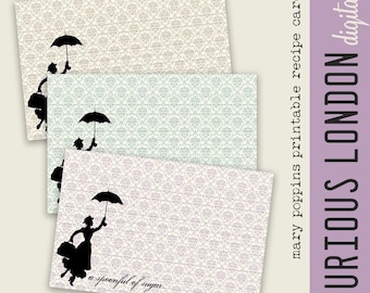 Cartões de receitas imprimíveis da Mary Poppins: estilo vintage 3x5 e 4x6 para download digital