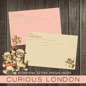 cartes de recettes pour chaton de Noël | rétro kitsch | cartes de recettes de Noël personnalisées | Cuisine rose des années 50 | fête de Noël vintage | curieuxLondres
